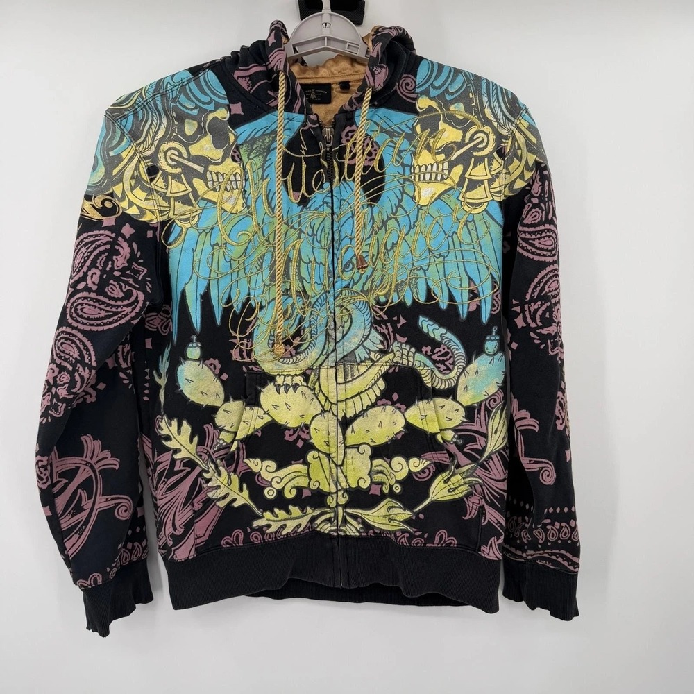 Christian Audigier Mens Small Zip Up Hoodie Black Skulls Wings Rhinestone Y2K